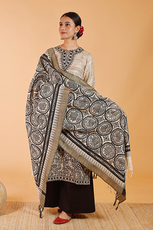 Gubbaro Handpainted Madhubani 'Joda Mayuri' Cotton Dupatta
