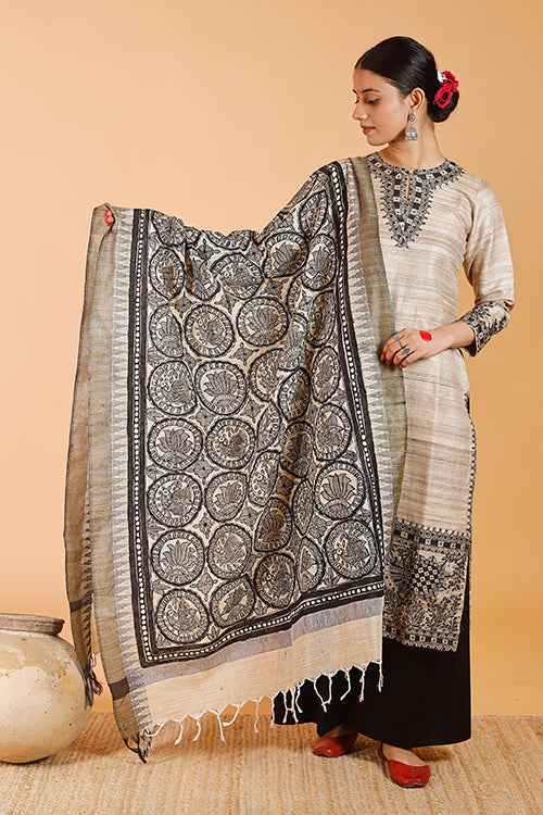 Gubbaro Handpainted Madhubani 'Joda Mayuri' Cotton Dupatta