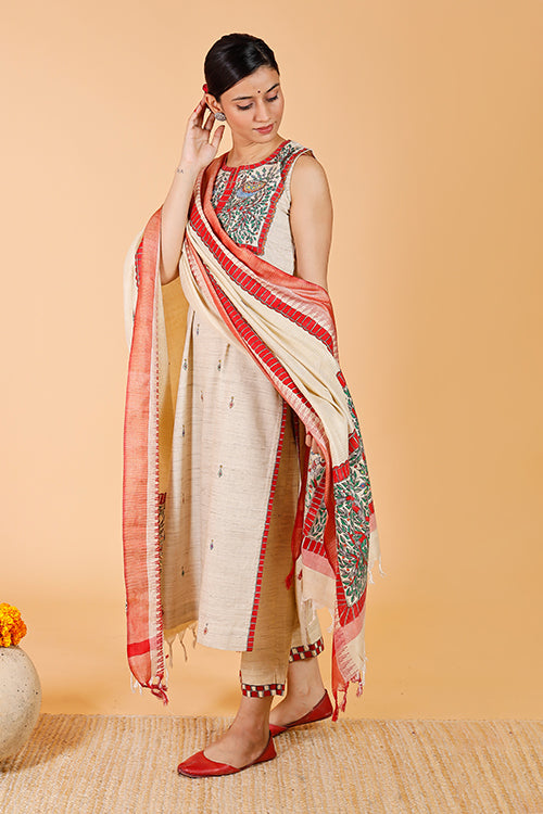 Gubbaro Handpainted Madhubani 'Mithila Mayur' Dupatta