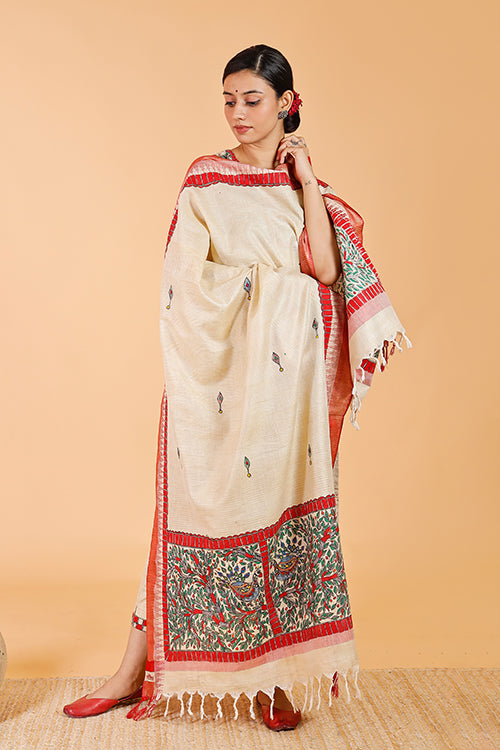 Gubbaro Handpainted Madhubani 'Mithila Mayur' Dupatta