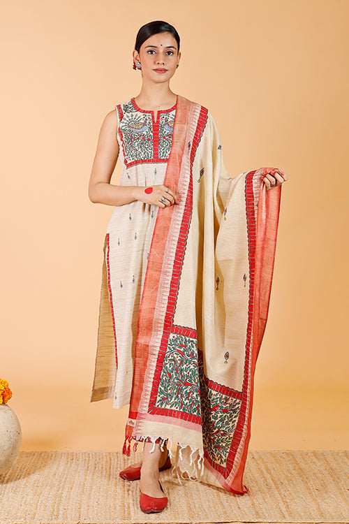 Gubbaro Handpainted Madhubani 'Mithila Mayur' Dupatta