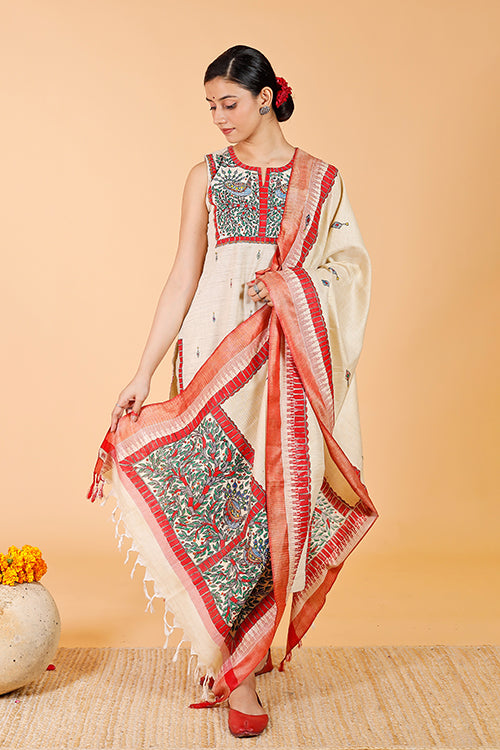 Gubbaro Handpainted Madhubani 'Mithila Mayur' Dupatta