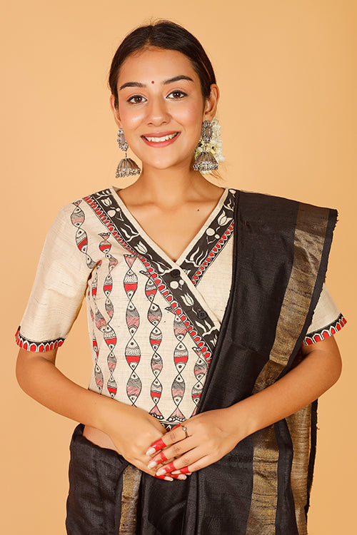 Gubbaro Handpainted Madhubani 'Surmai Lotus' Cotton Blouse