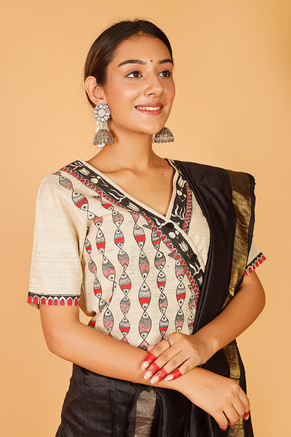 Gubbaro Handpainted Madhubani 'Surmai Lotus' Cotton Blouse