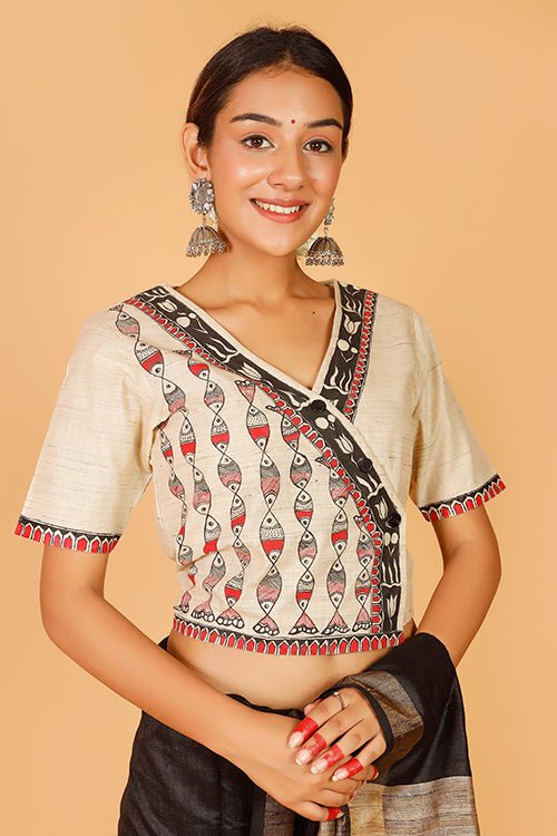 Gubbaro Handpainted Madhubani 'Surmai Lotus' Cotton Blouse