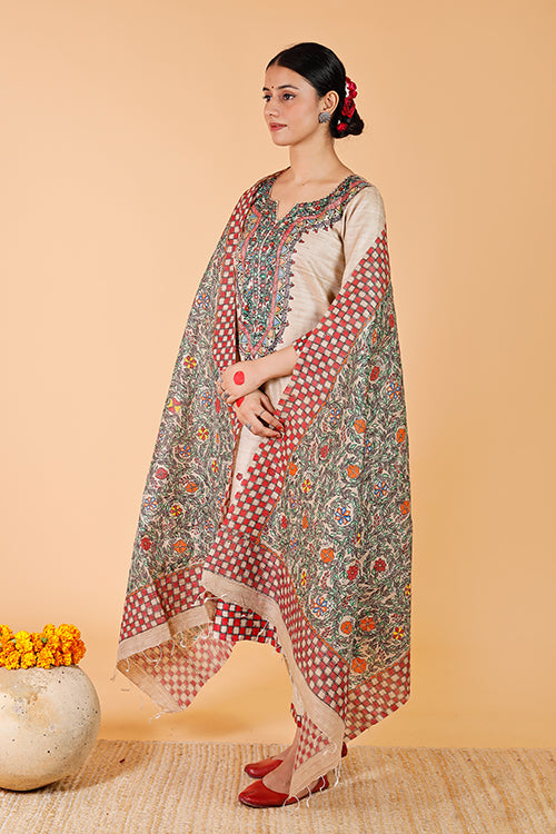 Gubbaro Handpainted Madhubani 'Bagmati' Tussar Silk Dupatta