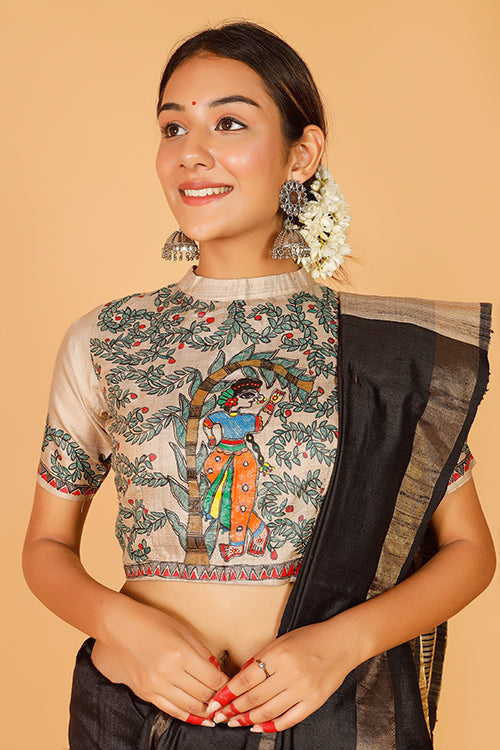 Gubbaro Handpainted Madhubani 'Radha's stroll' Tussar Silk Blouse