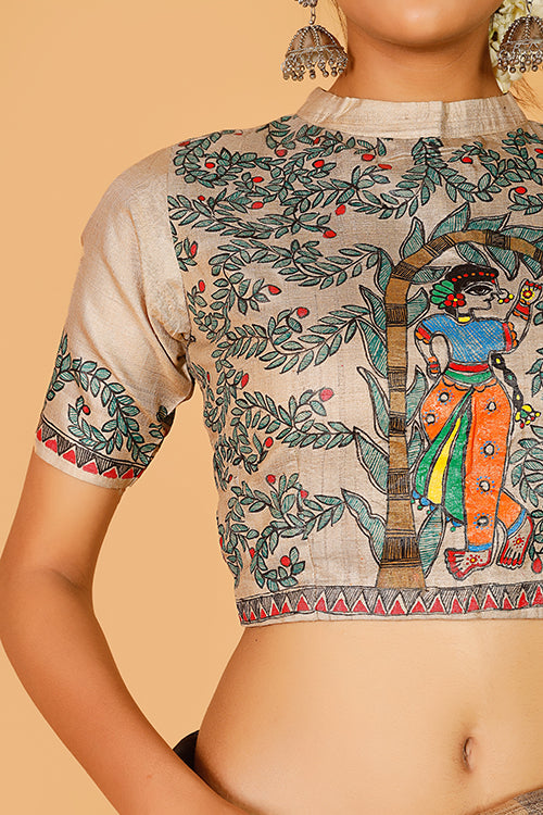 Gubbaro Handpainted Madhubani 'Radha's stroll' Tussar Silk Blouse