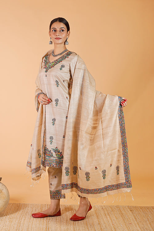 Gubbaro Handpainted Madhubani 'Maithili' Tussar Silk Dupatta