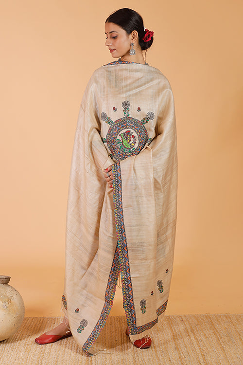 Gubbaro Handpainted Madhubani 'Maithili' Tussar Silk Dupatta