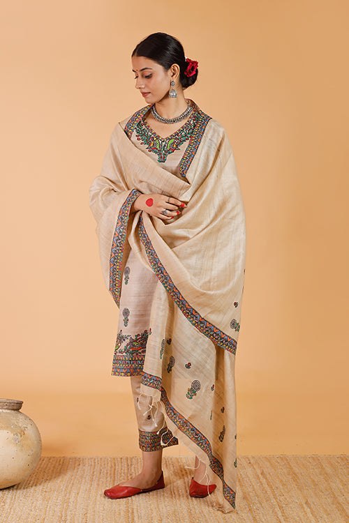 Gubbaro Handpainted Madhubani 'Maithili' Tussar Silk Dupatta