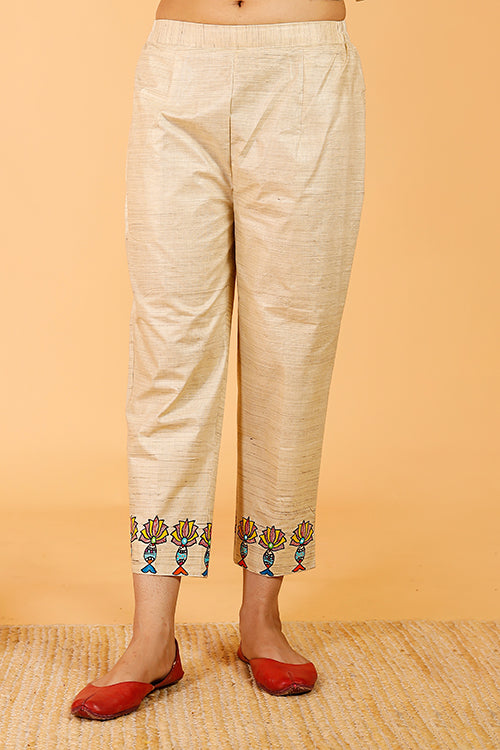 Gubbaro Handpainted Madhubani 'Surmai Kamal' Cotton Pant