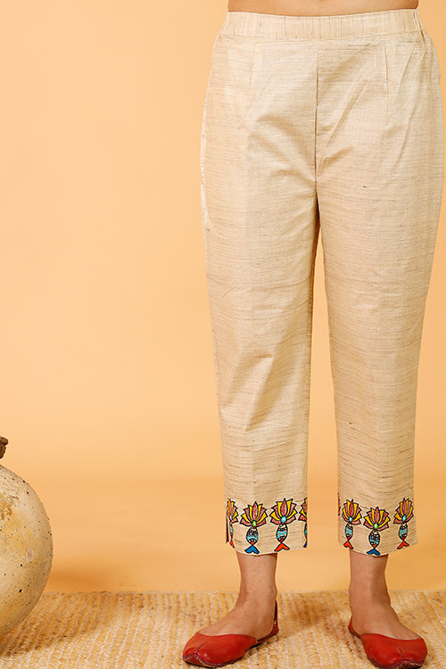 Gubbaro Handpainted Madhubani 'Surmai Kamal' Cotton Pant