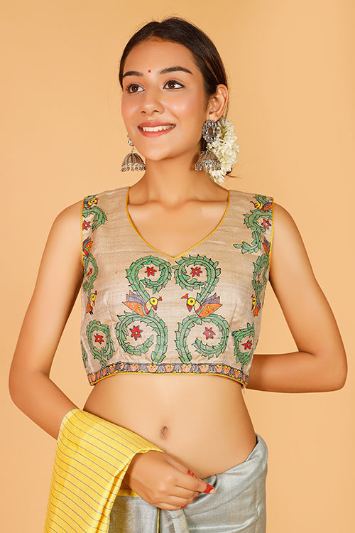 Gubbaro Handpainted Madhubani 'Ele Mayuri Vrindavan' Blouse