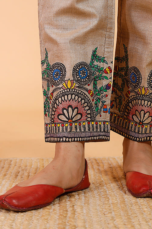 Gubbaro Handpainted Madhubani 'Mithila Flowers' Tussar Silk Pant