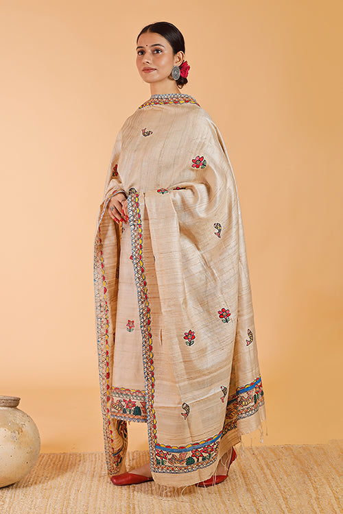 Gubbaro Handpainted Madhubani 'Anuragini' Tussar Silk Dupatta
