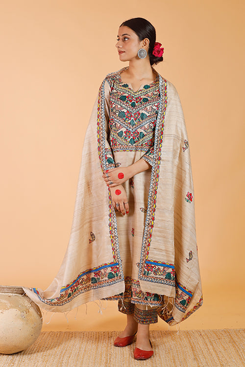 Gubbaro Handpainted Madhubani 'Anuragini' Tussar Silk Dupatta