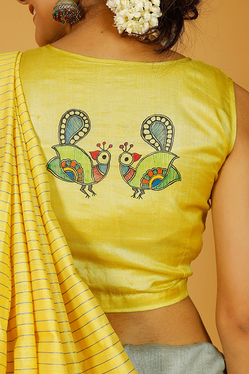 Gubbaro Handpainted Madhubani 'Judwa Mayuri' Pure Silk Blouse