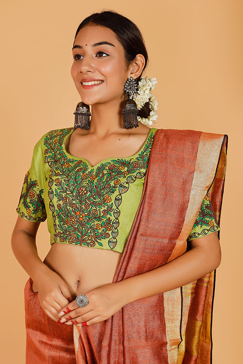 Gubbaro Handpainted Madhubani 'Doli Bidai' Tussar Silk Blouse