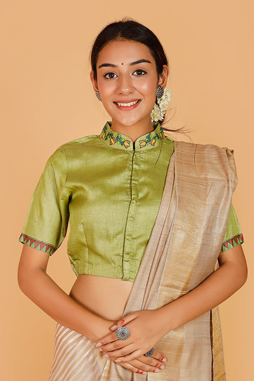 Gubbaro Handpainted Madhubani 'Mithila Mayuri' Tussar Silk Blouse