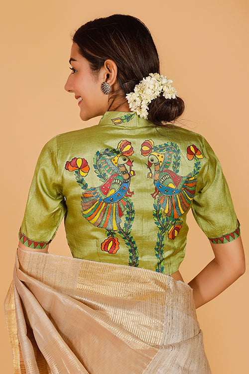 Gubbaro Handpainted Madhubani 'Mithila Mayuri' Tussar Silk Blouse