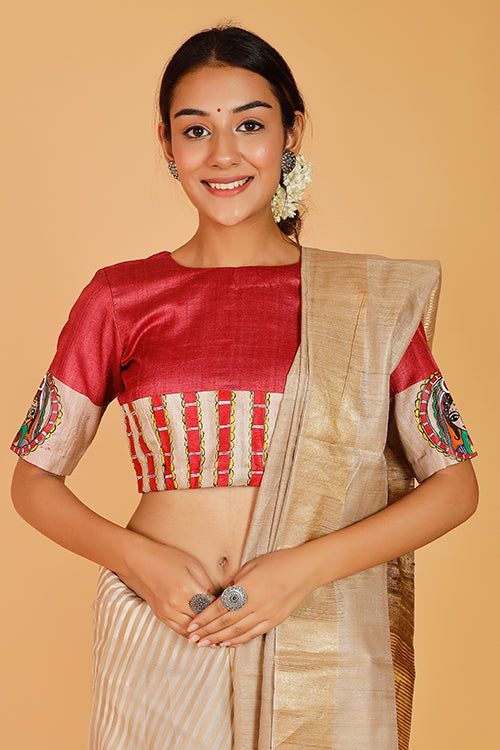 Gubbaro Handpainted Madhubani 'Bengali Sindoordaan' Tussar Silk Blouse