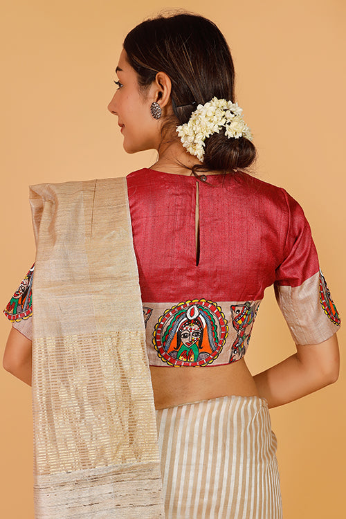 Gubbaro Handpainted Madhubani 'Bengali Sindoordaan' Tussar Silk Blouse