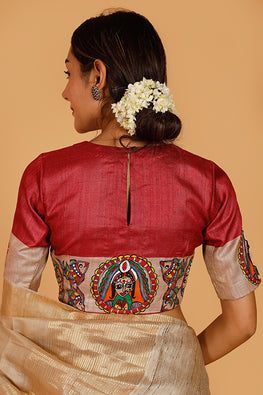 Gubbaro Handpainted Madhubani 'Bengali Sindoordaan' Tussar Silk Blouse