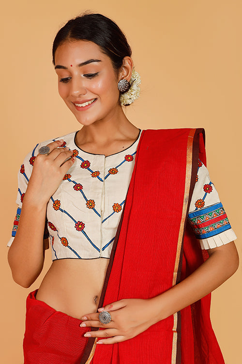 Gubbaro Handpainted Madhubani 'Ecstatic Mayur' Moonga Silk Blouse