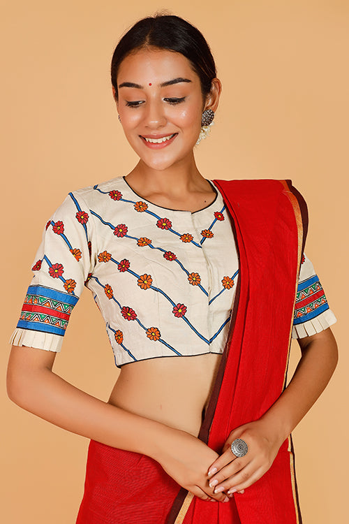 Gubbaro Handpainted Madhubani 'Ecstatic Mayur' Moonga Silk Blouse