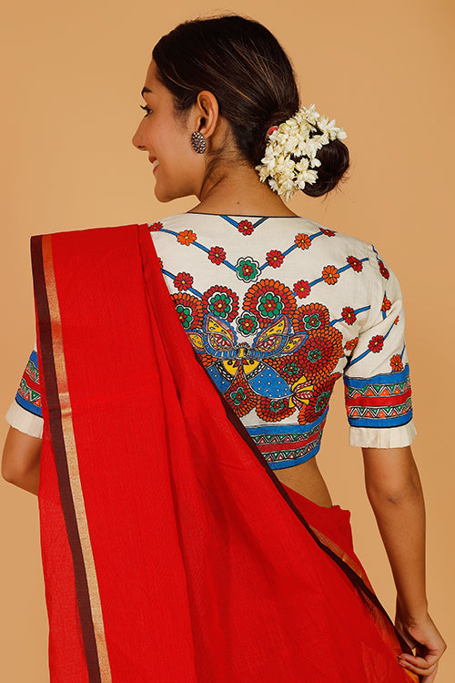 Gubbaro Handpainted Madhubani 'Ecstatic Mayur' Moonga Silk Blouse