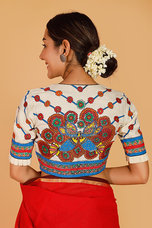 Gubbaro Handpainted Madhubani 'Ecstatic Mayur' Moonga Silk Blouse