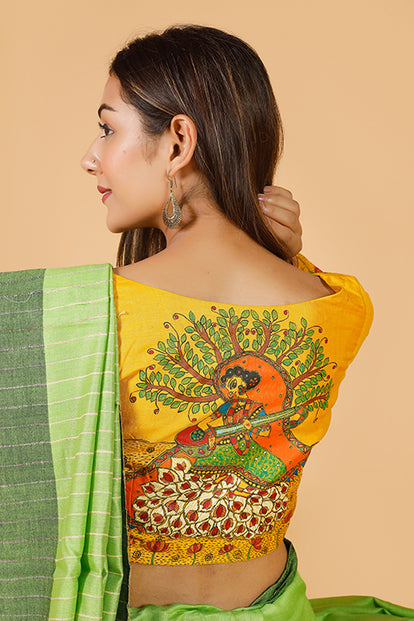 Gubbaro Handpainted Madhubani 'Saraswati' Moonga Silk Blouse