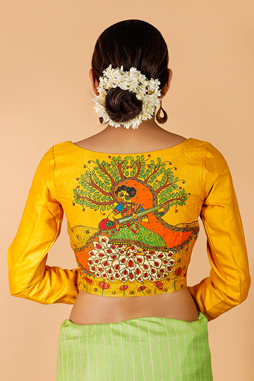 Gubbaro Handpainted Madhubani 'Saraswati' Moonga Silk Blouse