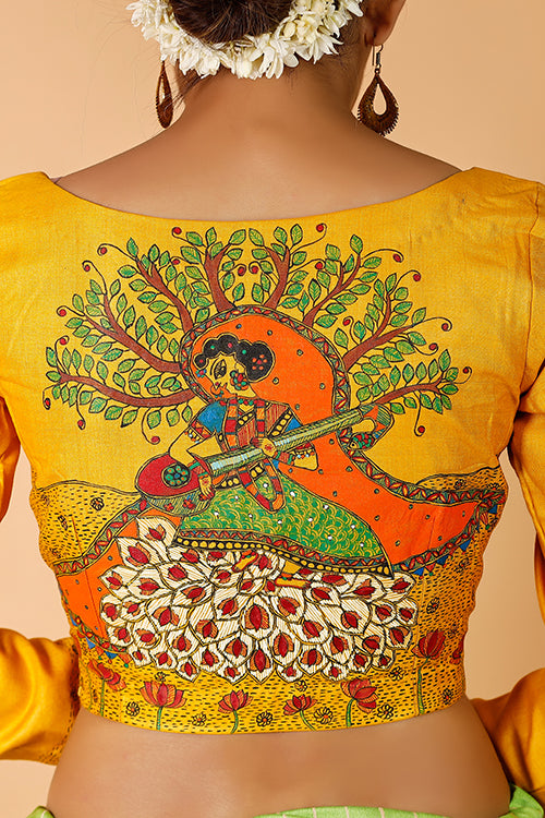 Gubbaro Handpainted Madhubani 'Saraswati' Moonga Silk Blouse