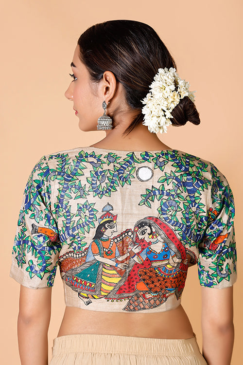 Gubbaro Handpainted Madhubani 'Radha Krishna Raasleela' Tussar Silk Blouse