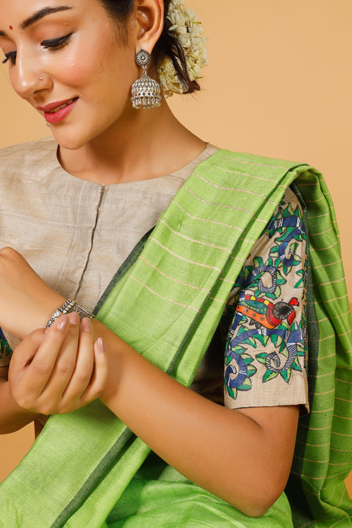 Gubbaro Handpainted Madhubani 'Radha Krishna Raasleela' Tussar Silk Blouse