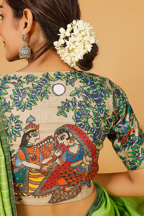 Gubbaro Handpainted Madhubani 'Radha Krishna Raasleela' Tussar Silk Blouse