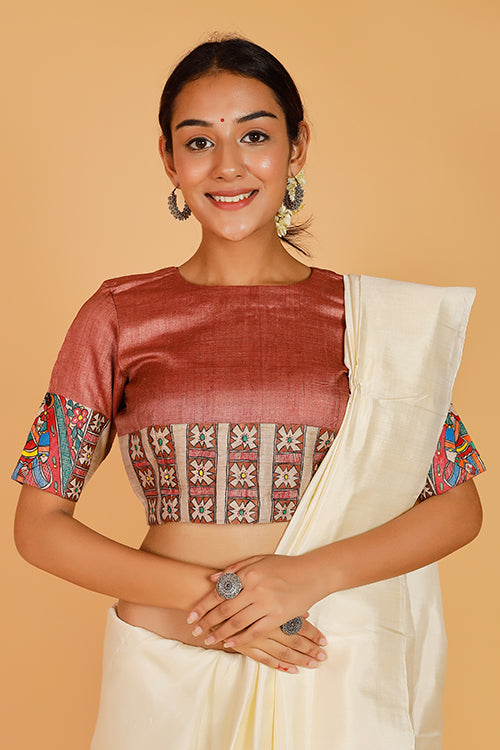 Gubbaro Handpainted Madhubani 'Mithila Bride' Tussar Silk Blouse