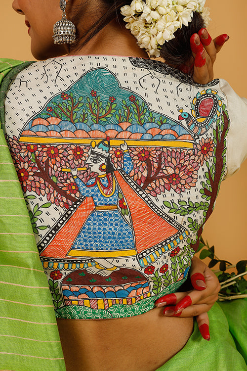 Gubbaro Handpainted Madhubani 'Govardhan Leela' Moonga Silk Blouse