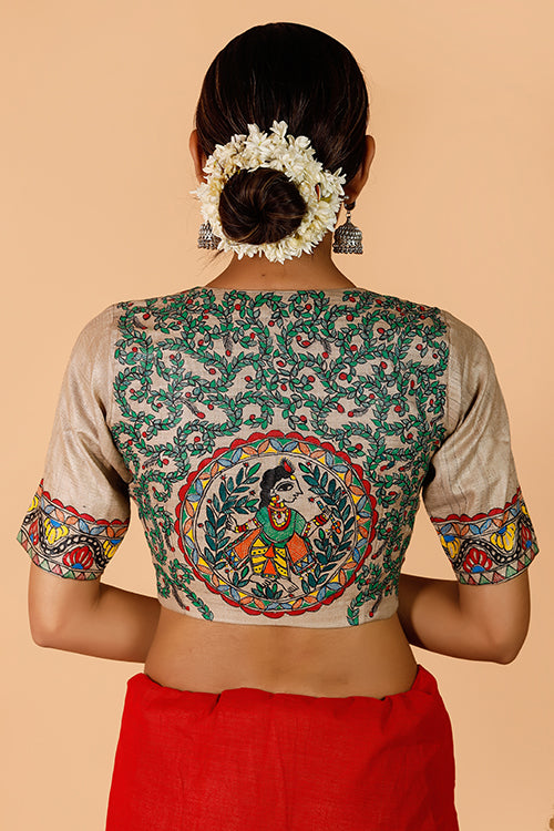 Gubbaro Handpainted Madhubani 'Krishna' Tussar silk Blouse