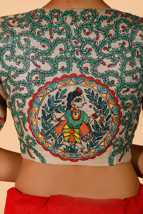 Gubbaro Handpainted Madhubani 'Krishna' Tussar silk Blouse