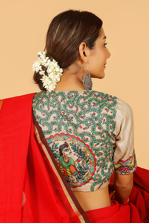 Gubbaro Handpainted Madhubani 'Krishna' Tussar silk Blouse