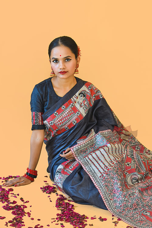 NARAYANI  Handpainted Madhubani Tussar Silk Saree Madhubani Paints