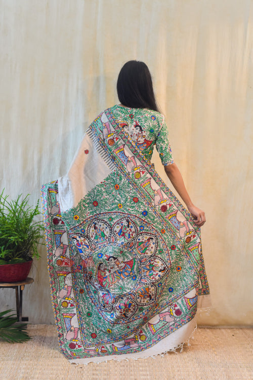 MANORATH Handpainted Madhubani Tussar Silk Saree Madhubani Paints