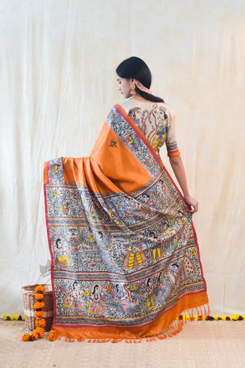 SITA RAM Handpainted Madhubani Tussar Silk Saree Madhubani Paints