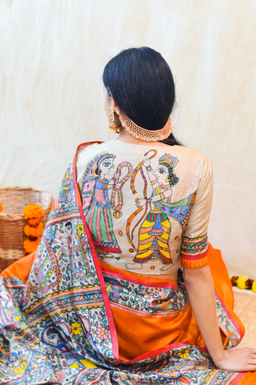 SITA RAM Handpainted Madhubani Tussar Silk Blouse Madhubani Paints
