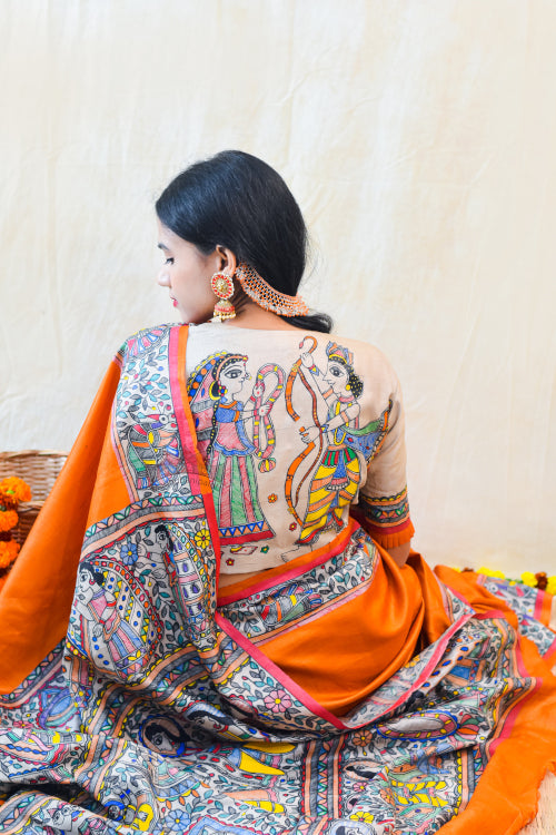 SITA RAM Handpainted Madhubani Tussar Silk Blouse Madhubani Paints