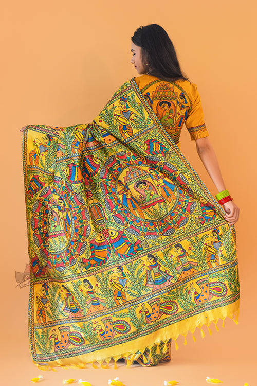 Gauna Yellow Hand Painted Madhubani Paints Tussar Silk Saree Online