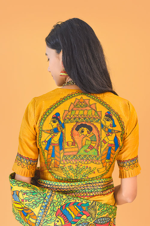 Madhubani Paints Handpainted Madhubani GAUNA YELLOW Tussar Silk Blouse